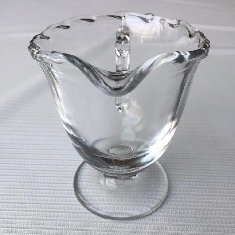 Clear Glass Creamer Pitcher Syrup Sauce Ruffled Rim Edge Ornate Handle Pedestal